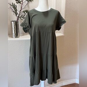 Women's Army Green Jersey Knit Flutter Sleeve Dress 8/10 EUC Tiered 100% Cotton